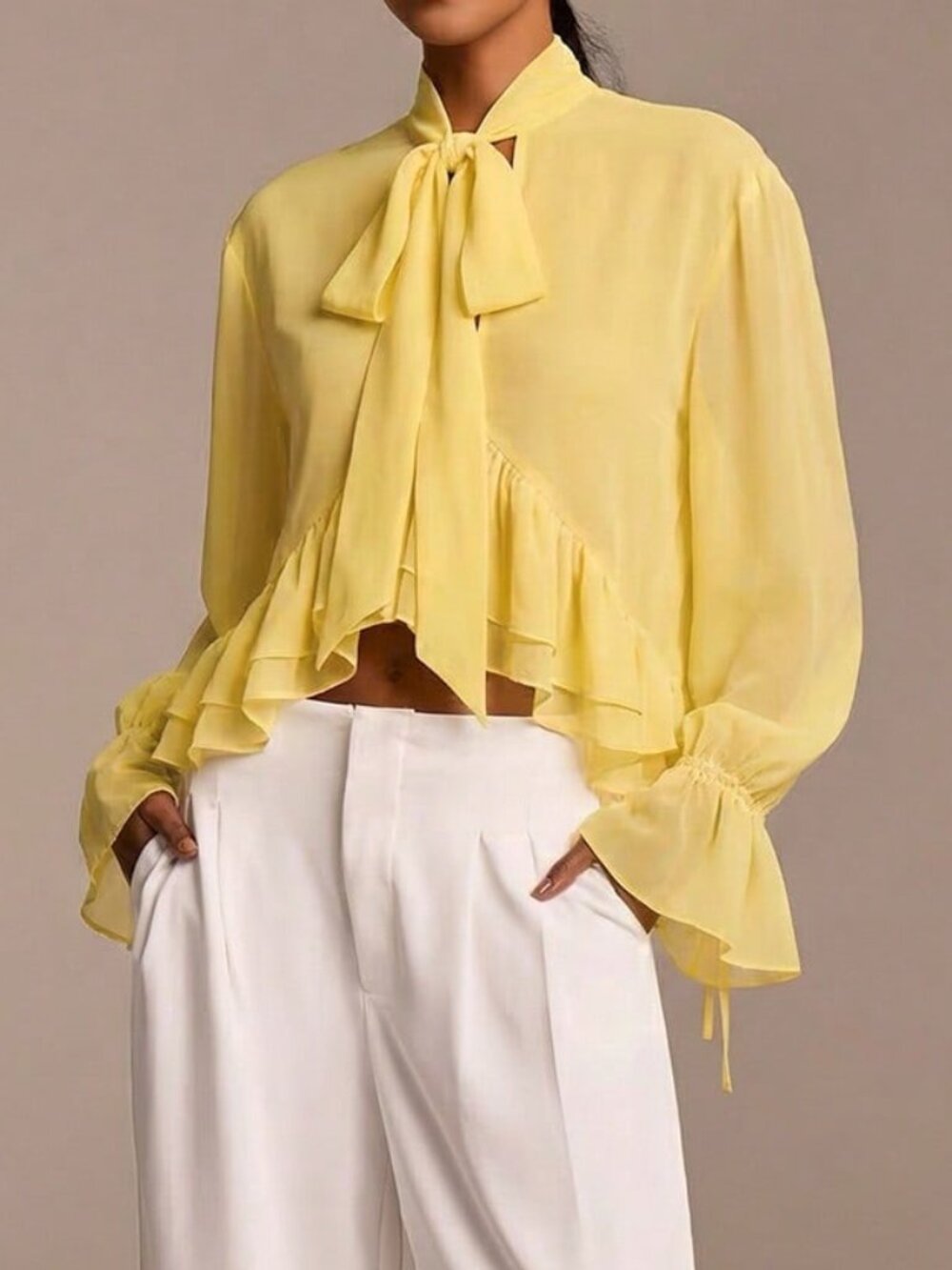 Yellow Elegant Women's Ruffled Long Sleeve Tie Neck Semi-Sheer Shirt